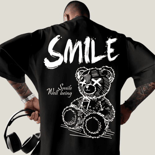 Men’s Smile Teddy Bear Print T-Shirt Black