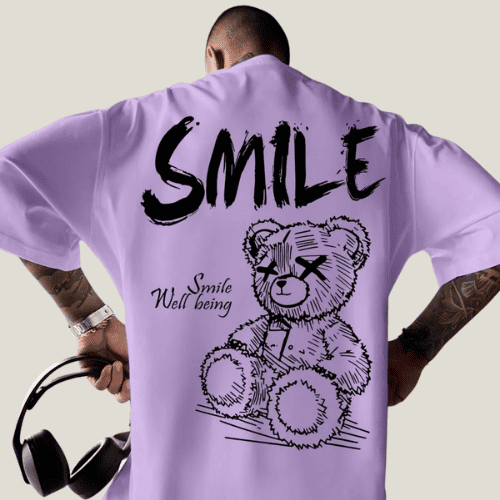 Men’s Smile Teddy Bear Print T-Shirt Purple