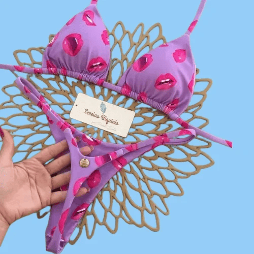 Purple Lip Print Micro String Bikini